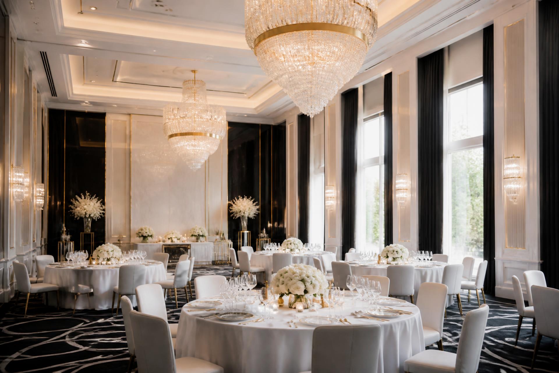 Salón de eventos elegante con arañas de cristal